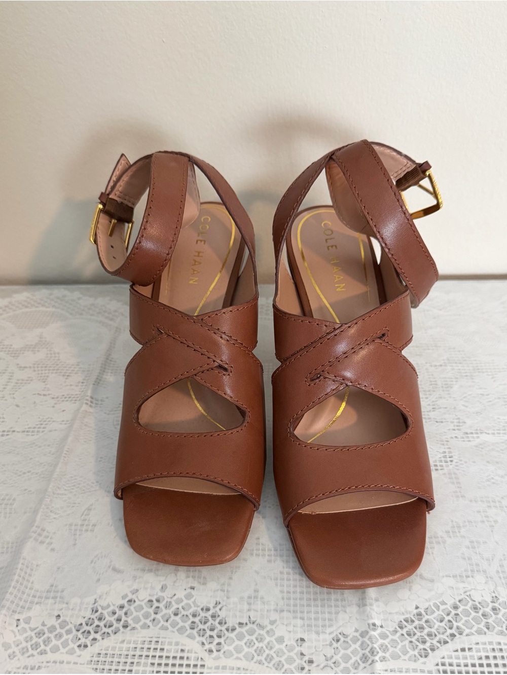Cole Haan Brown Leather Ankle Strap Block Heel Sandals 7.5B